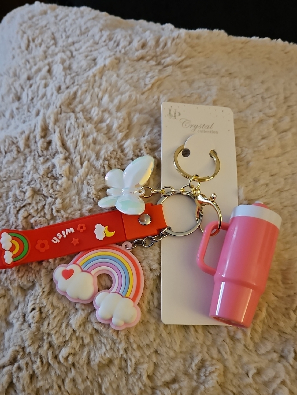 Pink Cup Lip Balm Keychain with Rainbow & Butterfly Charms